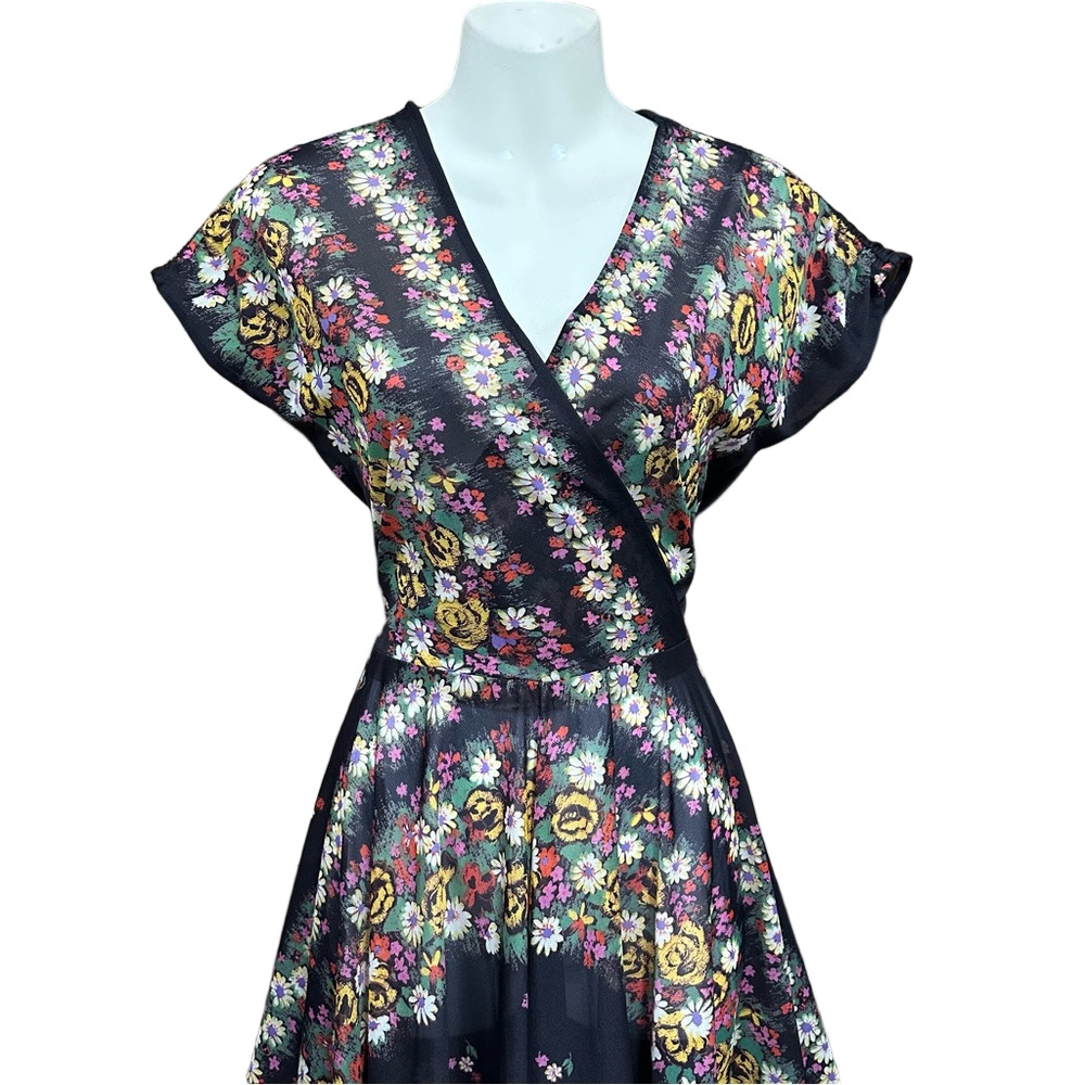 Vintage 80s floral midi dress black full skirt semi sheer Small Retro - Picture 3 of 9
